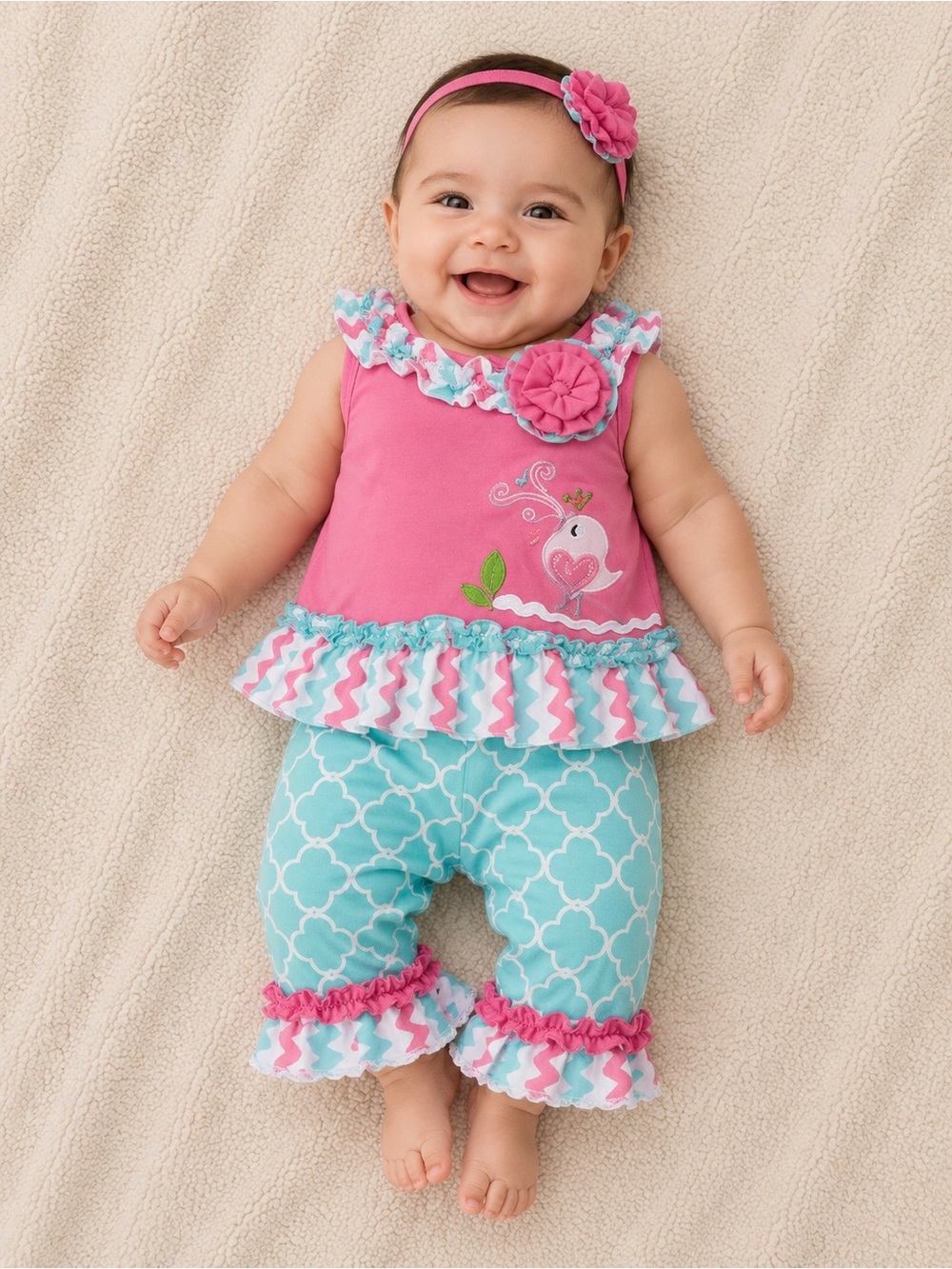 6 MTH Baby Essentials Pink and Aqua Ruffle Two-Piece Set
